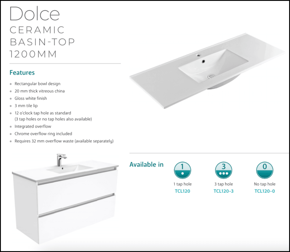 Fienza 1200Mm Tcl120Zk Dolce Fingerpull Vanity On Kickboard Matte White - Special Order Units