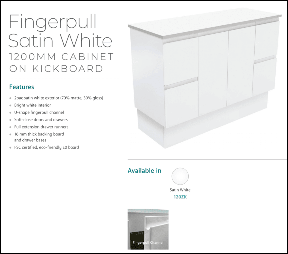 Fienza 1200Mm Tcl120Zk Dolce Fingerpull Vanity On Kickboard Matte White - Special Order Units