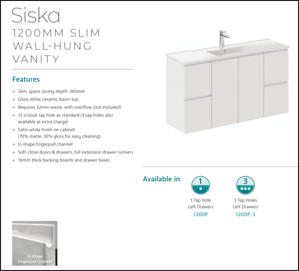 Fienza 120Df 1200Mm Siska Slim Wall Hung Vanity Unit Satin White - Special Order Units