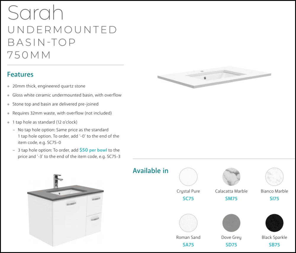 Fienza 750Mm Sc75Zbl Crystal Pure Undermount Stone Top Fingerpull Wall Hung Vanity Unit Left Drawers