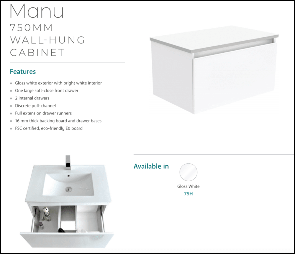 Fienza 750Mm Tclb75H Dolce Matte Black Manu Wall Hung Vanity White - Special Order Units