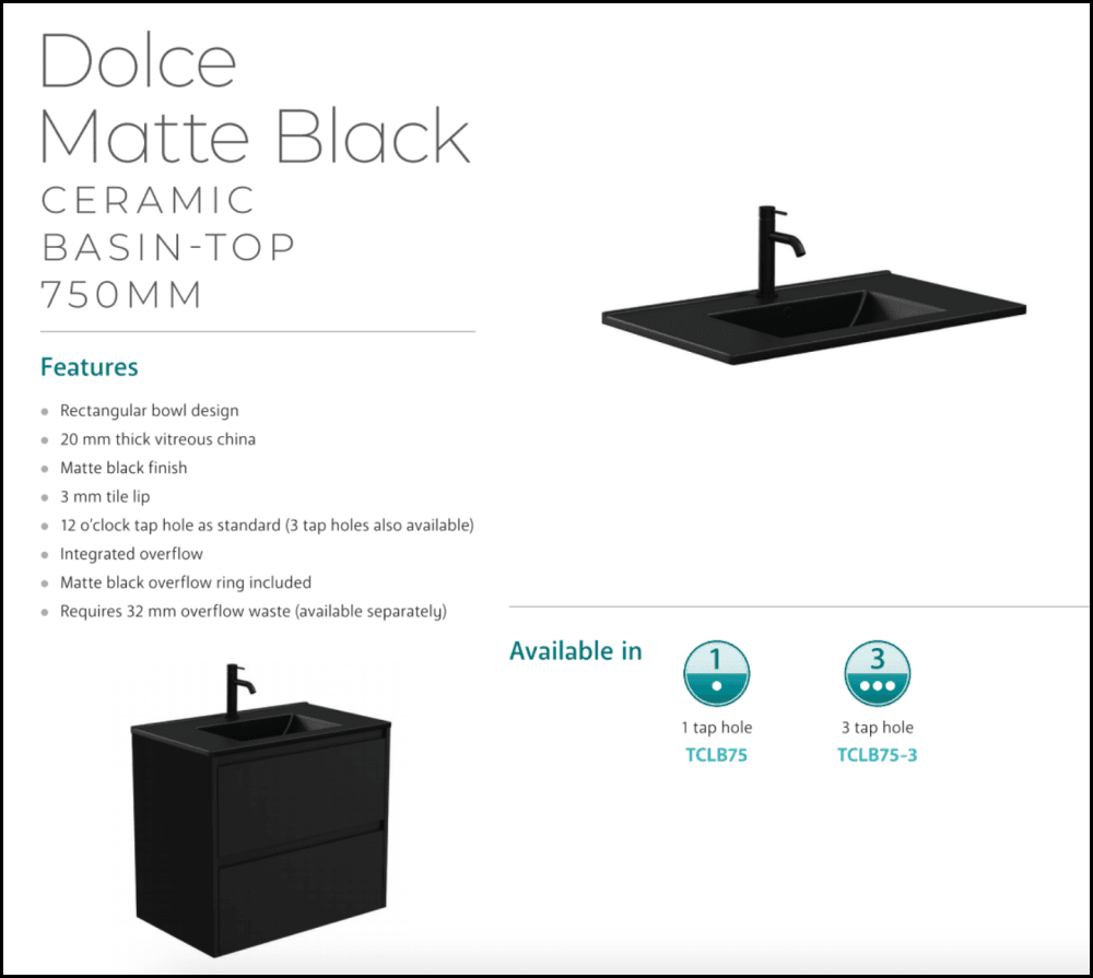 Fienza 750Mm Tclb75Q Dolce Matte Black Quest Wall Hung Vanity White - Special Order Units