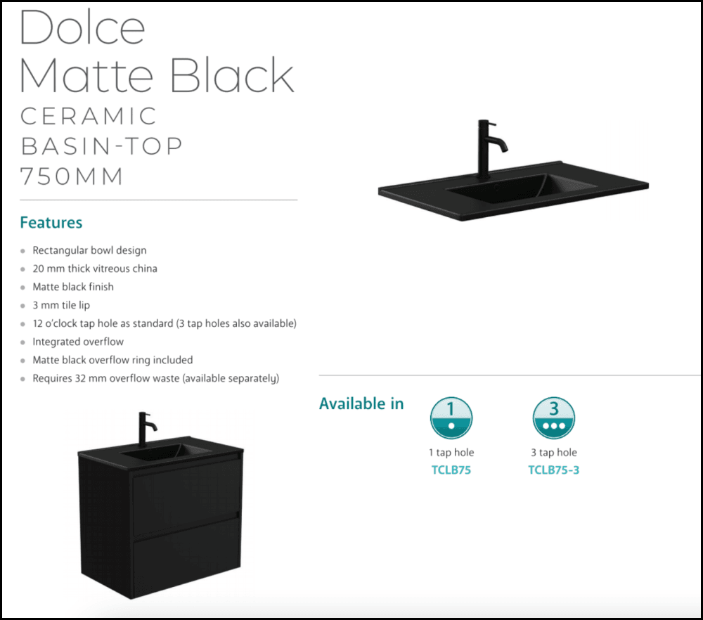 Fienza 750Mm Tclb75Qk Dolce Matte Black Quest Vanity On Kickboard White - Special Order Units