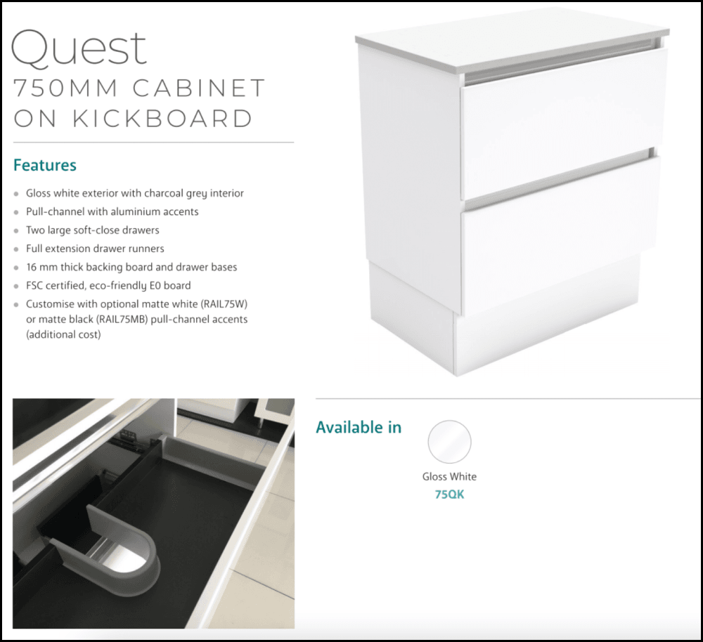 Fienza 750Mm Tclb75Qk Dolce Matte Black Quest Vanity On Kickboard White - Special Order Units