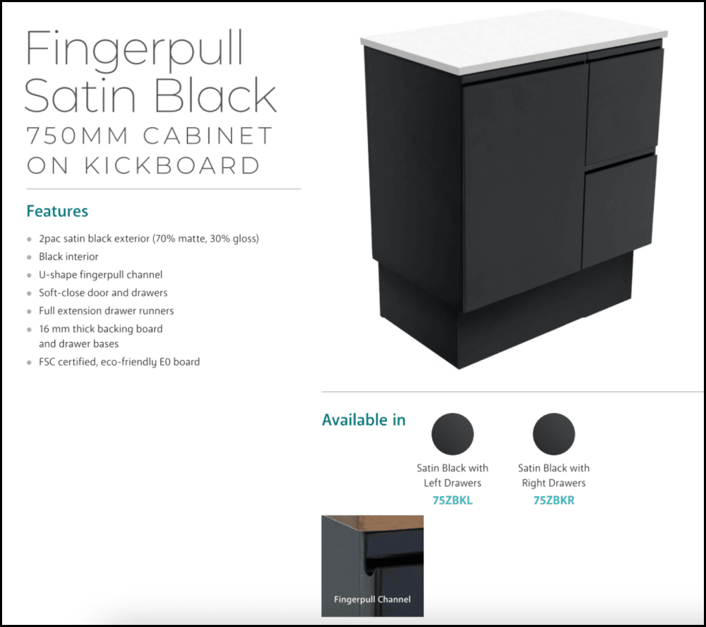 Fienza 750Mm Tclb75Zbkr Dolce Matte Black Satin Vanity On Kickboard Right Drawers - Special Order