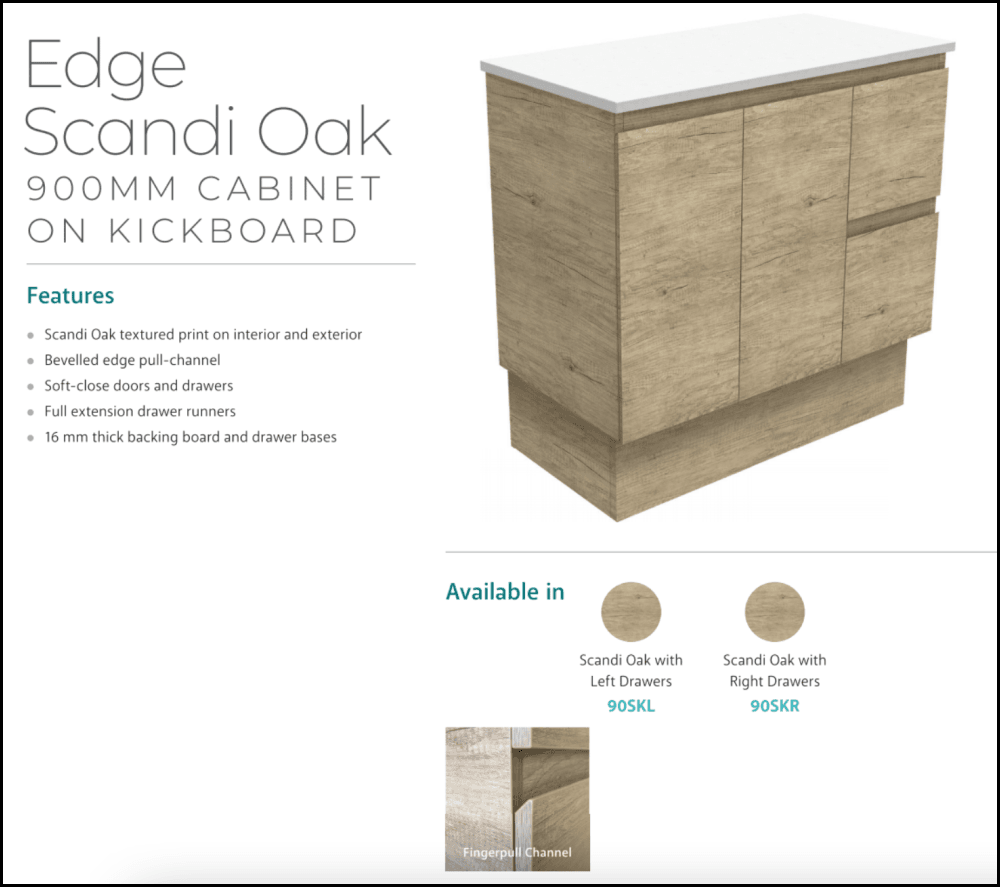 Fienza 900Mm Sc90Skr Crystal Pure Undermount Stone Top Edge Scandi Oak Vanity Unit On Kickboard