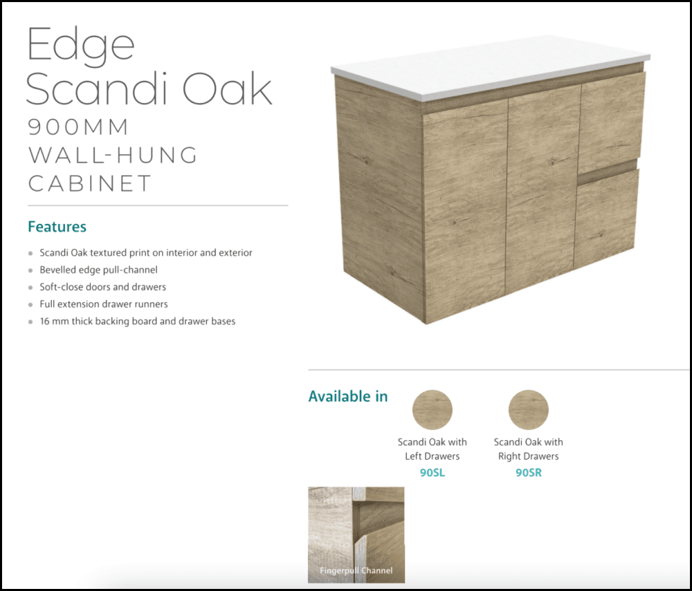 Fienza 900Mm Sc90Sr Crystal Pure Undermount Stone Top Edge Scandi Oak Wall Hung Vanity Unit Right