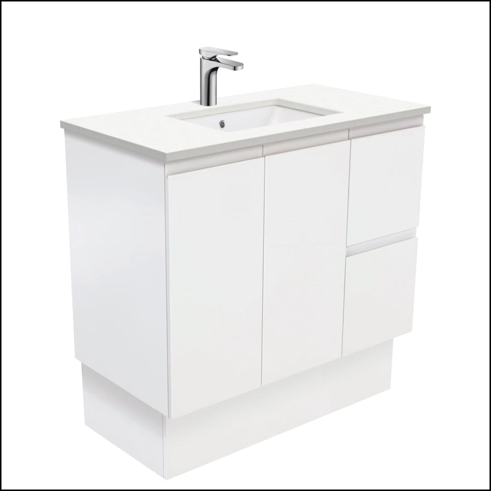 Fienza 900Mm Sc90Zkr Crystal Pure Undermount Stone Top Fingerpull Vanity Unit With Kickboard Satin