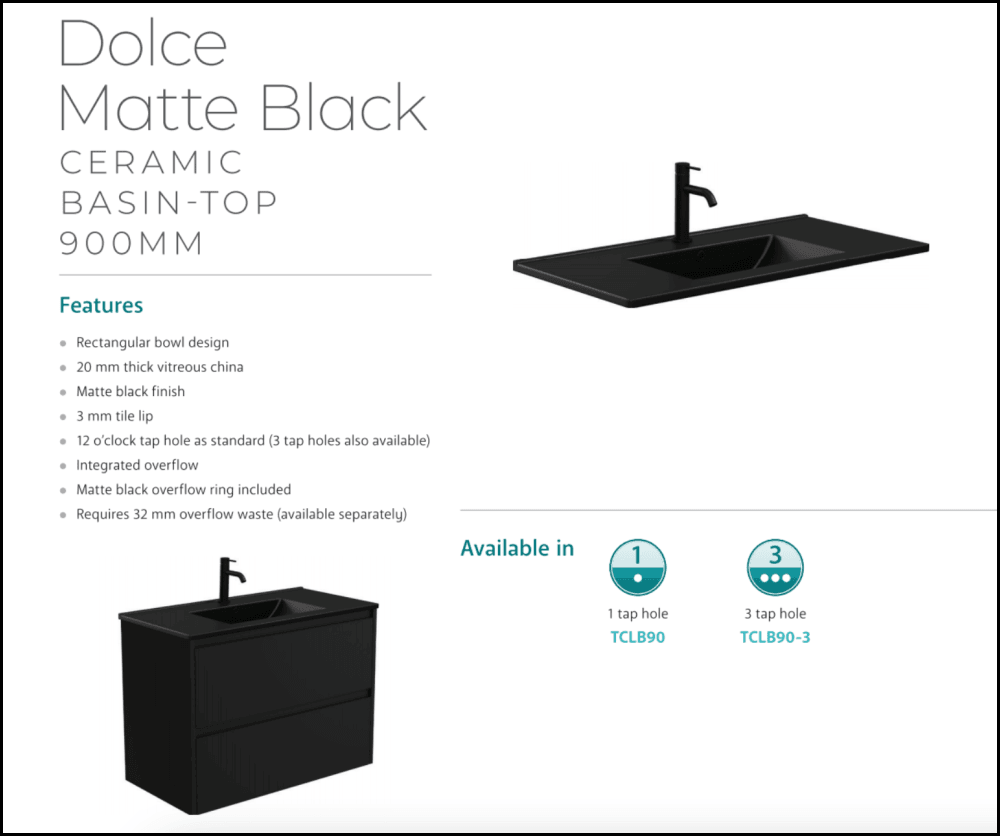 Fienza 900Mm Tclb90Zkl Dolce Matte Black Fingerpull Satin White Vanity On Kickboard Left Drawers -