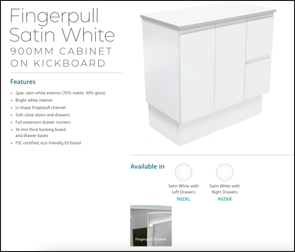 Fienza 900Mm Tclb90Zkl Dolce Matte Black Fingerpull Satin White Vanity On Kickboard Left Drawers -