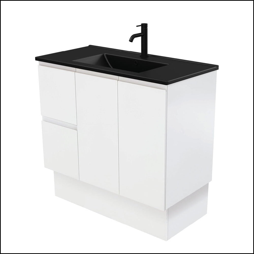 Fienza 900Mm Tclb90Zkl Dolce Matte Black Fingerpull Satin White Vanity On Kickboard Left Drawers -