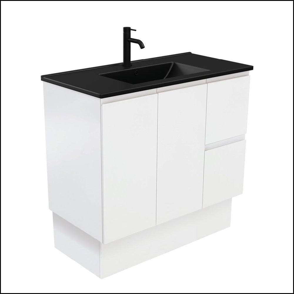 Fienza 900Mm Tclb90Zkr Dolce Matte Black Fingerpull Satin White Vanity On Kickboard Right Drawers -