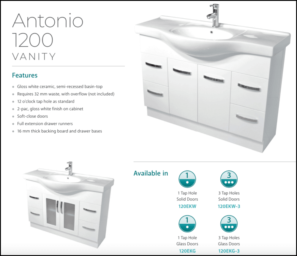 Fienza Antonio 120EKW 1200mm White Vanity Unit with Solid Doors Spec SA Appliance Warehouse