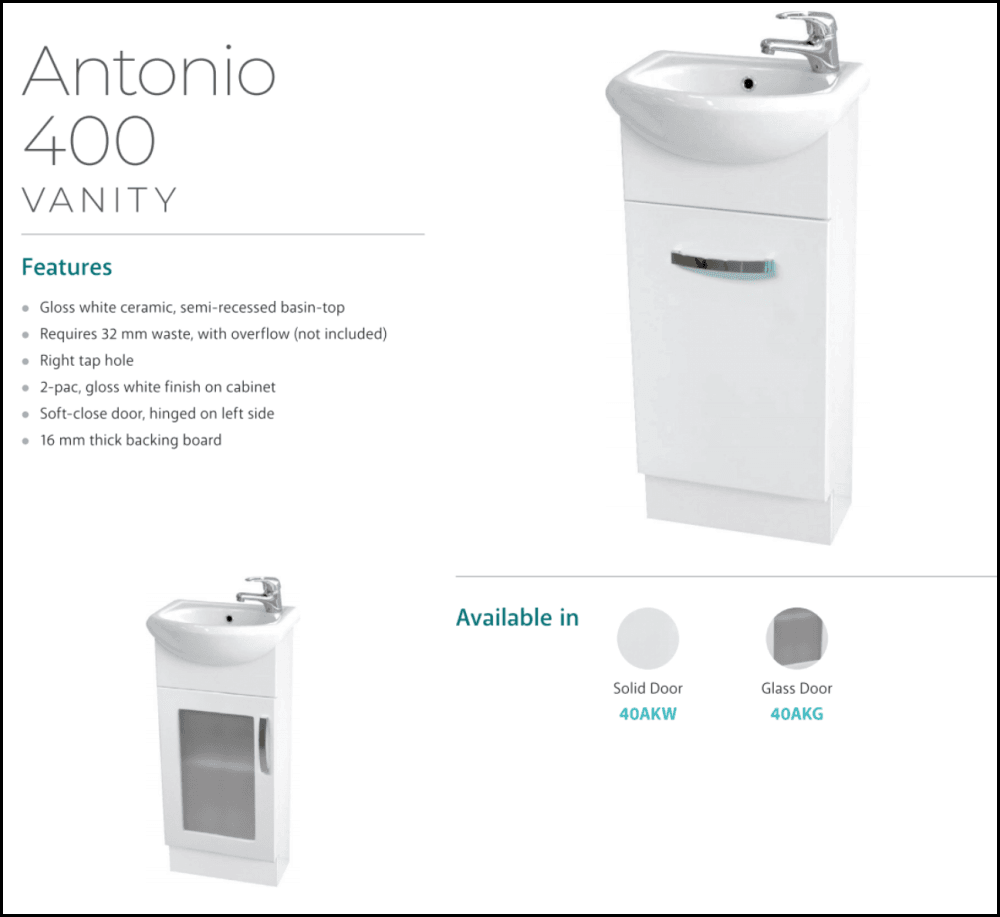 Fienza Antonio 40Akw 400Mm White Vanity Solid Door - Special Order Units