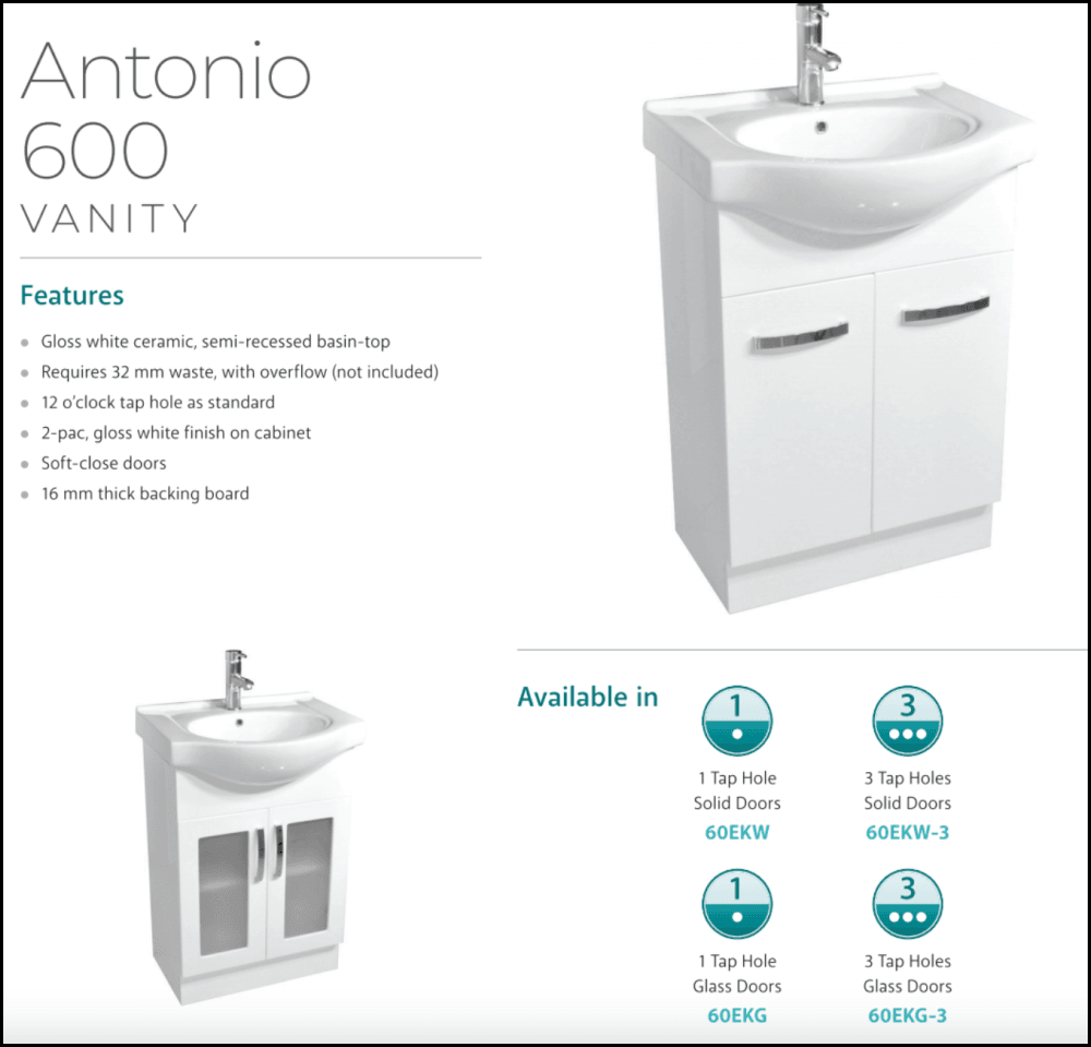 Fienza Antonio 60Ekw 600Mm White Vanity Unit - Special Order Units