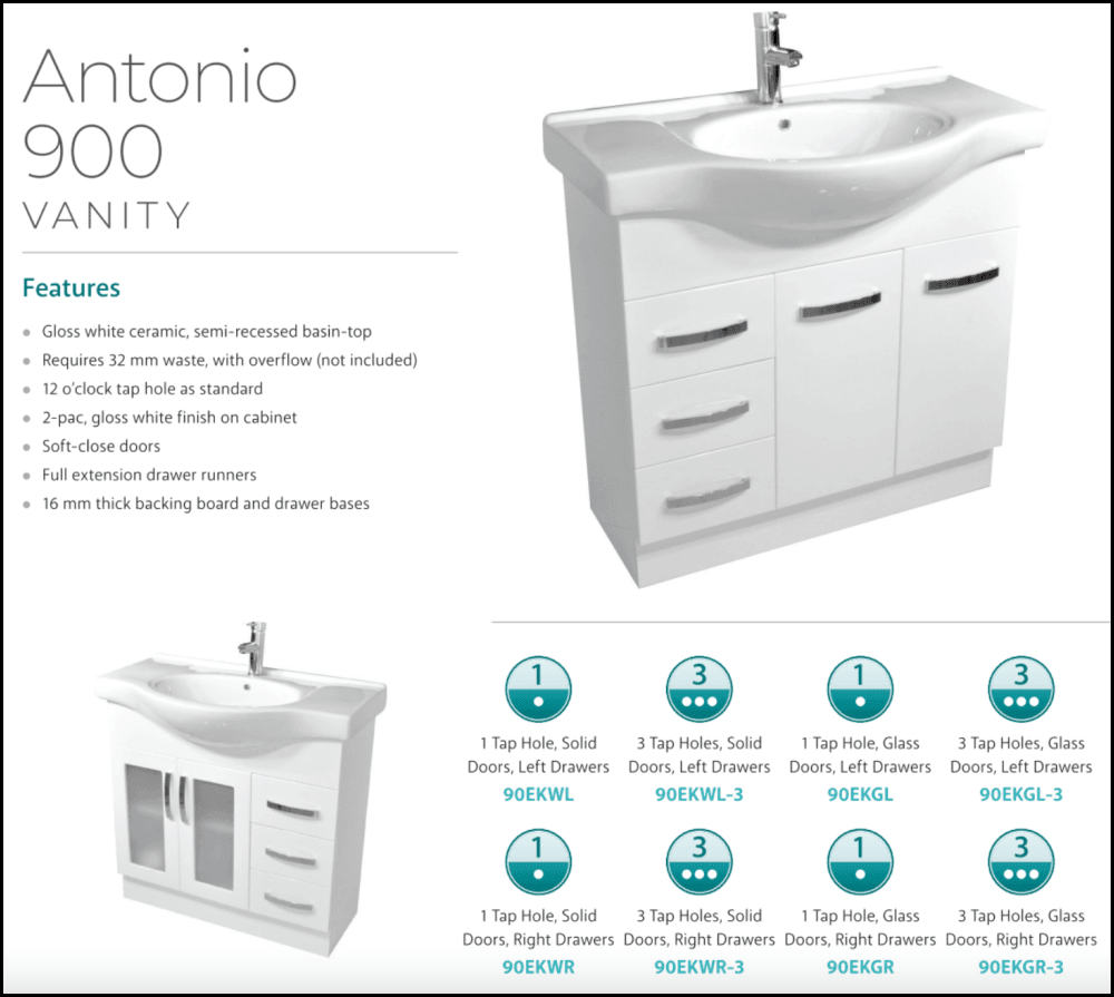 Fienza Antonio 90Ekwl 900Mm White Vanity Unit Solid Doors Left Draws - Special Order Units