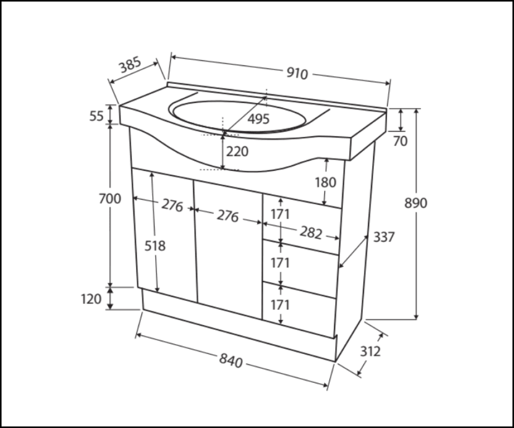 Fienza Antonio 90Ekwr 900Mm White Vanity Unit Solid Doors Right Draws - Special Order Units
