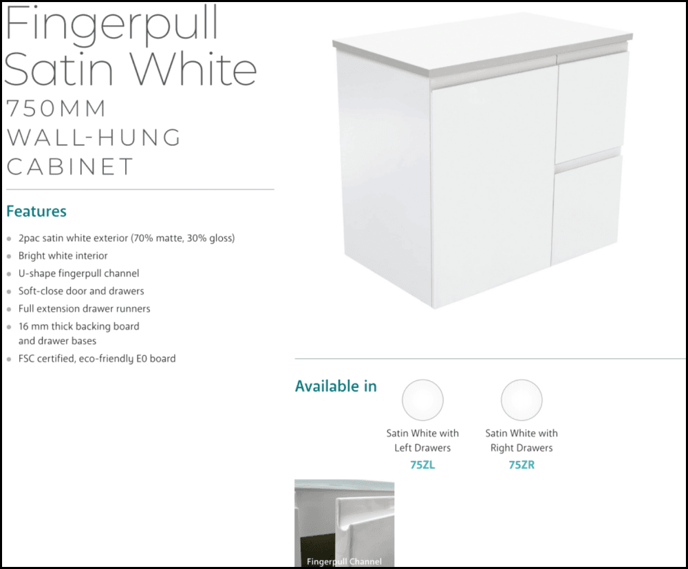 Fienza Crystal Pure 750Mm Sc75Zl Undermount Stone Top Wall Hung Vanity Unit Fingerpull Left Drawers