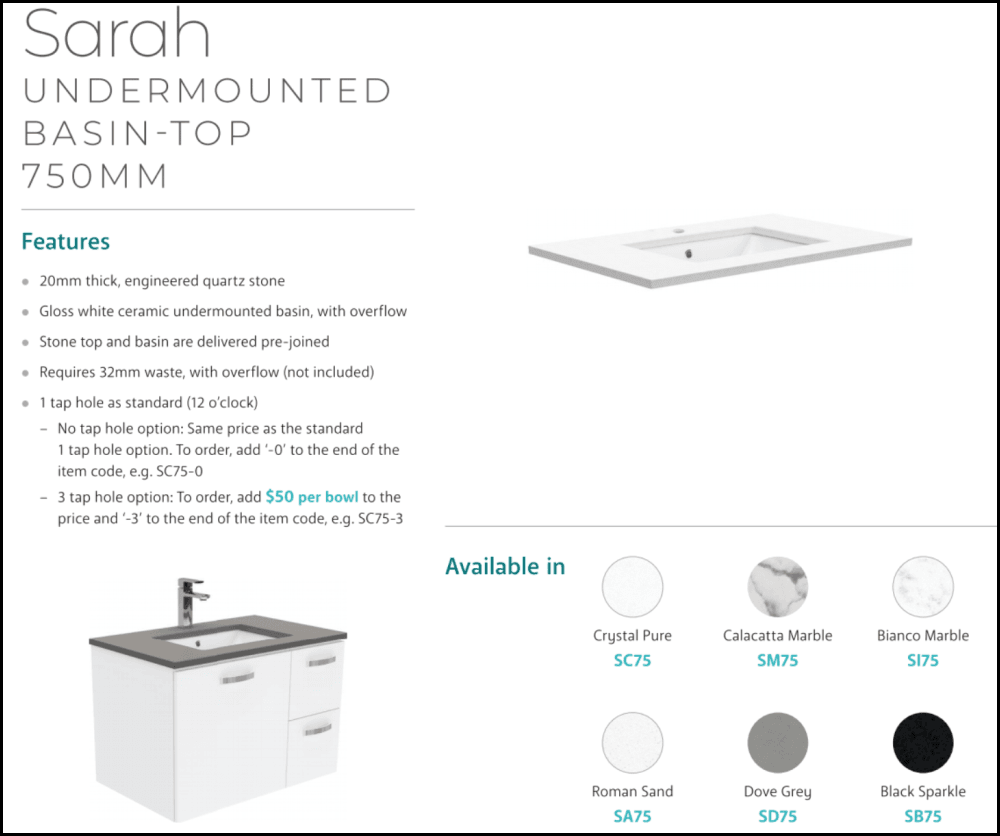 Fienza Crystal Pure 750Mm Sc75Zl Undermount Stone Top Wall Hung Vanity Unit Fingerpull Left Drawers