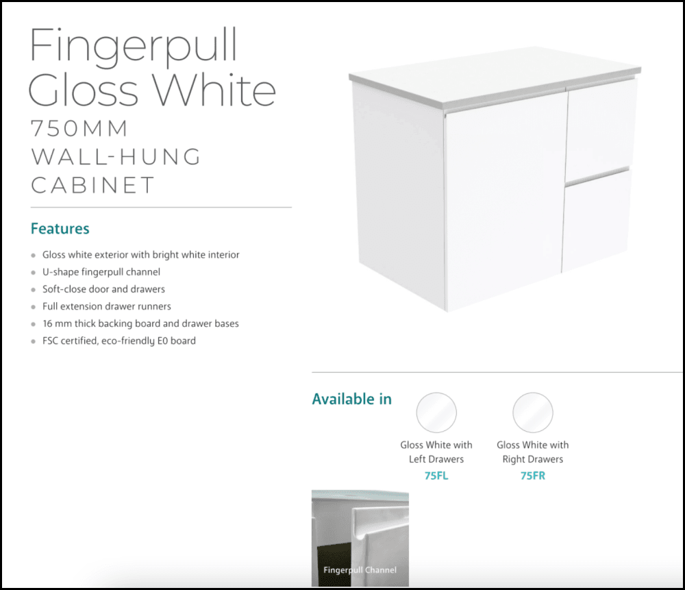 Fienza Crystal Pure 750Mm Sc75Zl Undermount Stone Top Wall Hung Vanity Unit Fingerpull Left Drawers