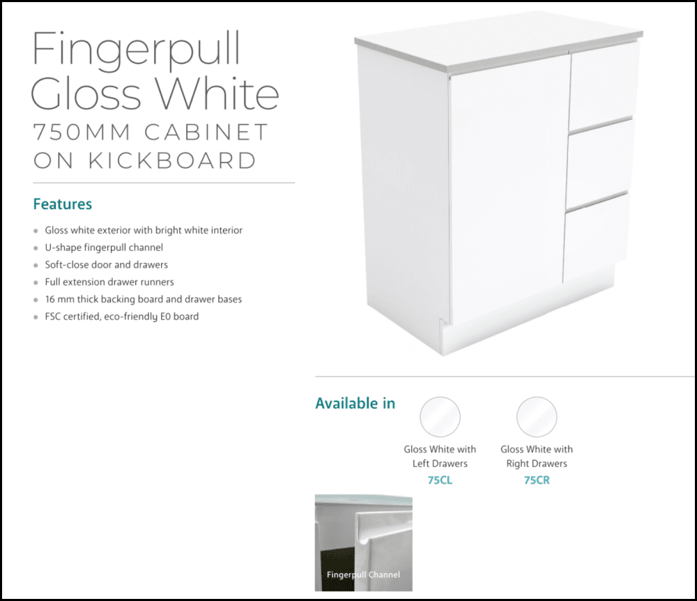 Fienza Crystal Pure Sc75Cl 750Mm Undermount Stone Top Fingerpull Vanity Unit With Kickboard Left