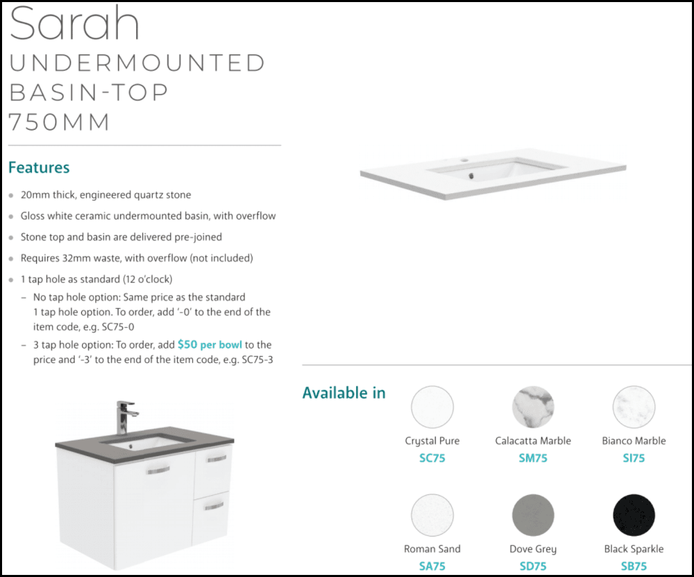Fienza Crystal Pure Sc75Cr 750Mm Undermount Stone Top Fingerpull Vanity Unit With Kickboard Left