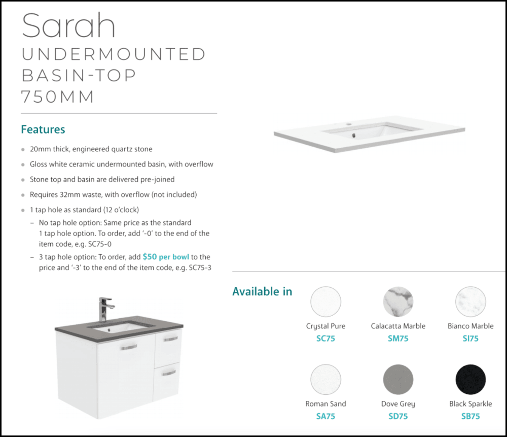 Fienza Crystal Pure Sc75Fl 750Mm Undermount Stone Top Fingerpull Wall Hung Vanity Unit Left Drawers