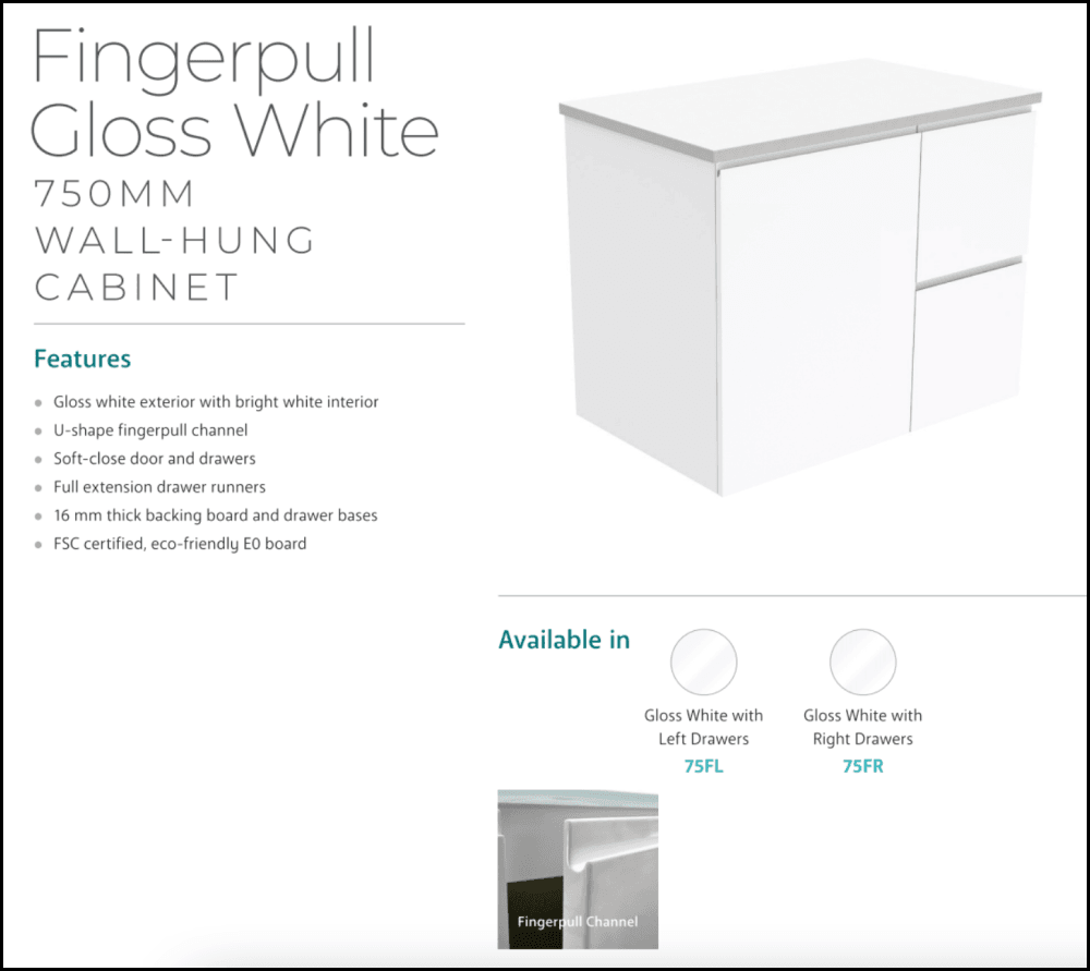 Fienza Crystal Pure Sc75Fl 750Mm Undermount Stone Top Fingerpull Wall Hung Vanity Unit Left Drawers