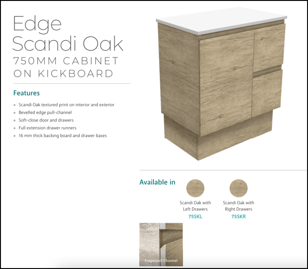 Fienza Crystal Pure Sc75Skr 750Mm Undermount Stone Top Vanity Unit Edge Scandi Oak Right Drawers