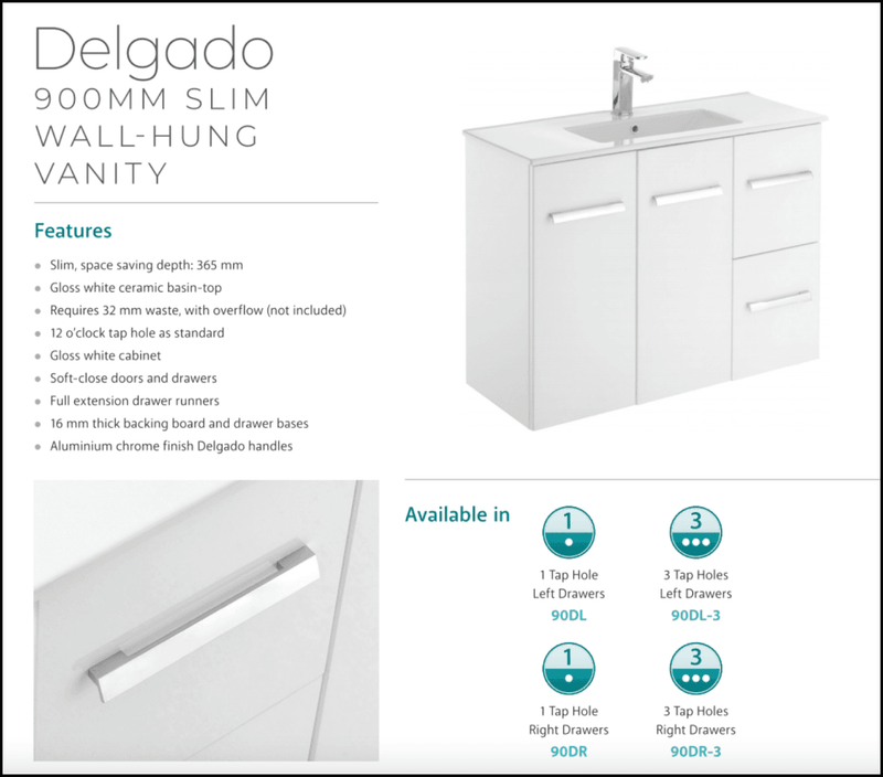 Fienza Delgado 90Dl 900Mm White Wall Hung Vanity Unit Left Drawers - Special Order Units