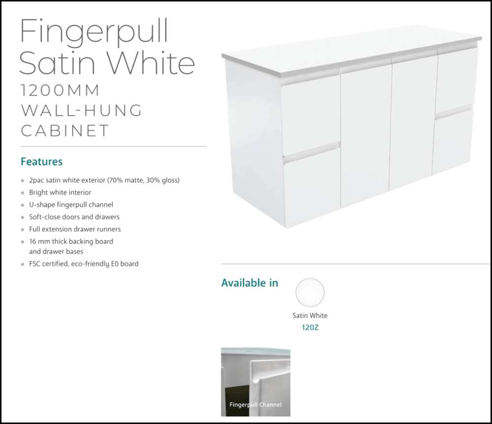 Fienza Dolce 1200Mm Tcl120Z Fingerpull Wall Hung Vanity Satin White - Special Order Units