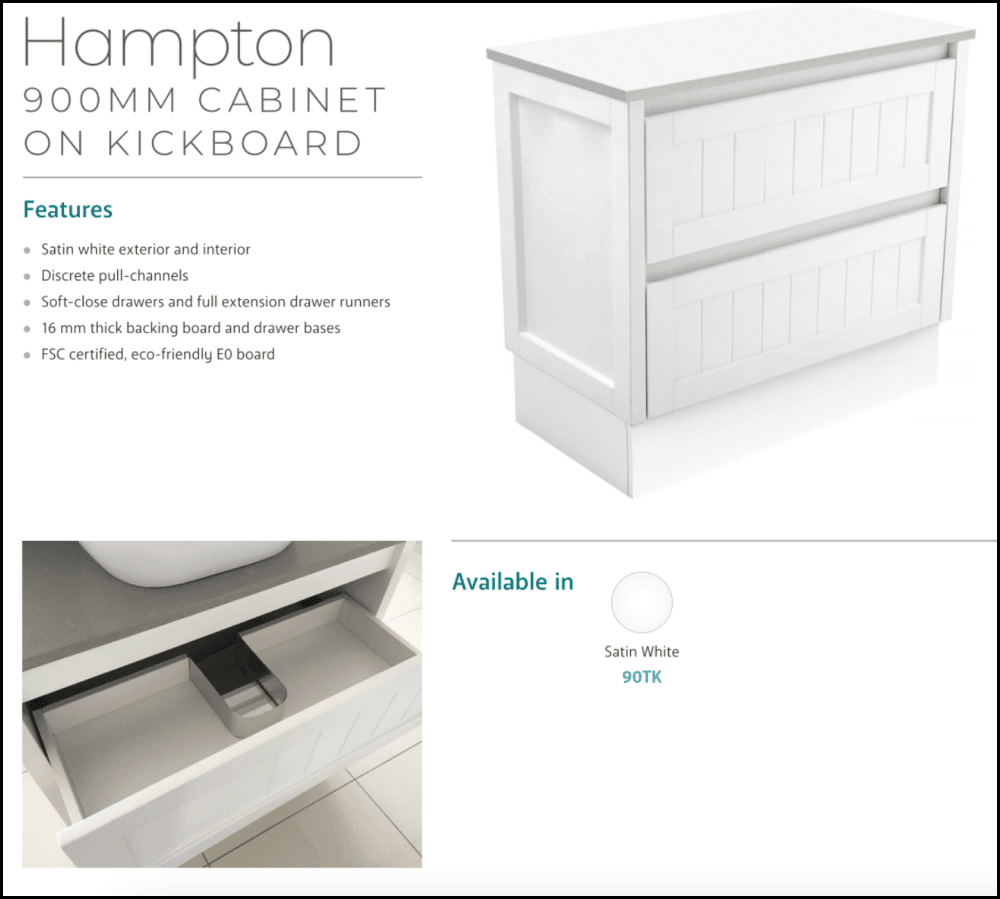 Fienza Dolce 900Mm Tcl90Tk Hampton White Vanity Unit On Kickboard - Special Order Units