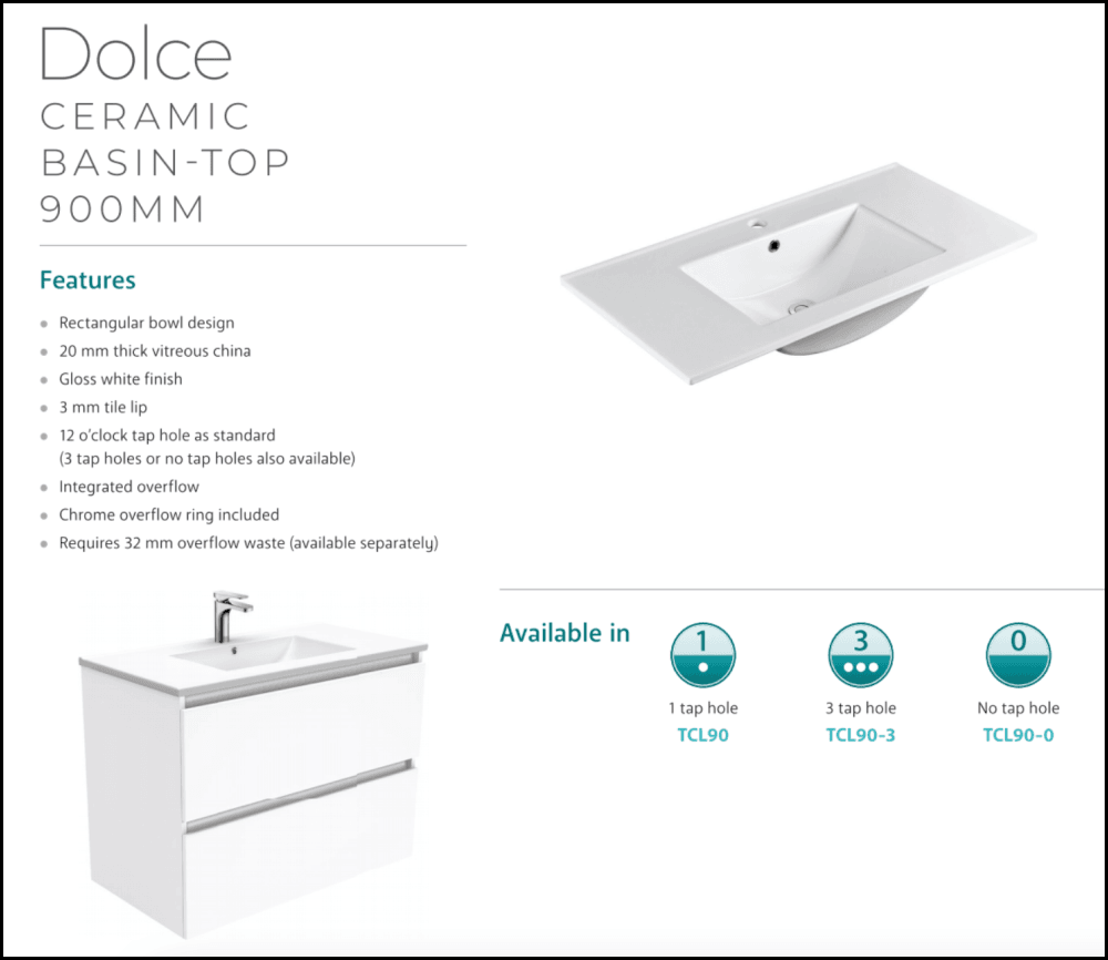 Fienza Dolce 900Mm Tcl90Tk Hampton White Vanity Unit On Kickboard - Special Order Units