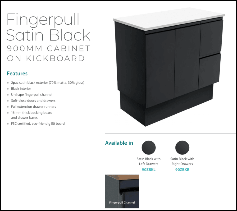 Fienza Dolce Black Tcl90Zbkl 900Mm Vanity With Kickboard Left Drawers - Special Order Units