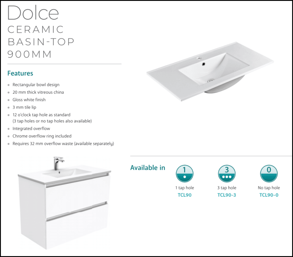 Fienza Dolce Black Tcl90Zbkr 900Mm Vanity With Kickboard Right Drawers - Special Order Units