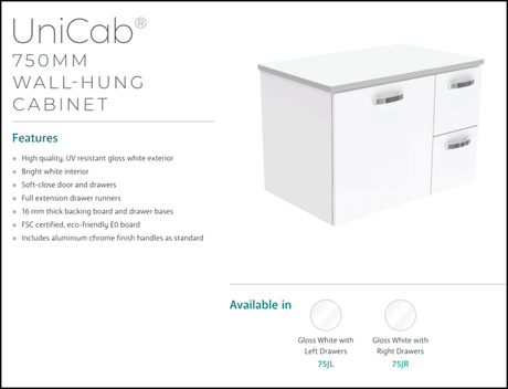Fienza Dolce Ceramic Tcl75Jl 750Mm White Wall Hung Vanity With Handles Left Hand Drawers - Special