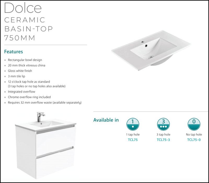 Fienza Dolce Ceramic Tcl75Jr 750Mm White Wall Hung Vanity With Handles Right Hand Drawers - Special