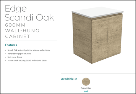 Fienza Dolce Edge Tcl60S 600Mm Scandi Oak Wall Hung Vanity - Special Order Units