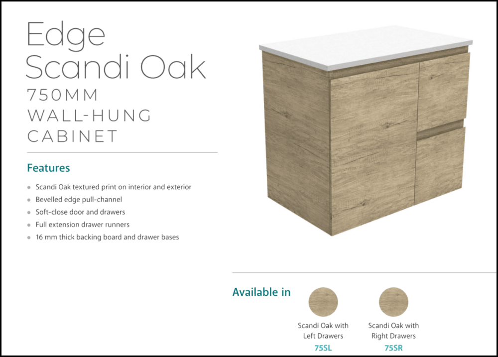 Fienza Dolce Edge Tcl75Sl Scandi Oak 750Mm Wall Hung Vanity Left Drawers - Special Order Units