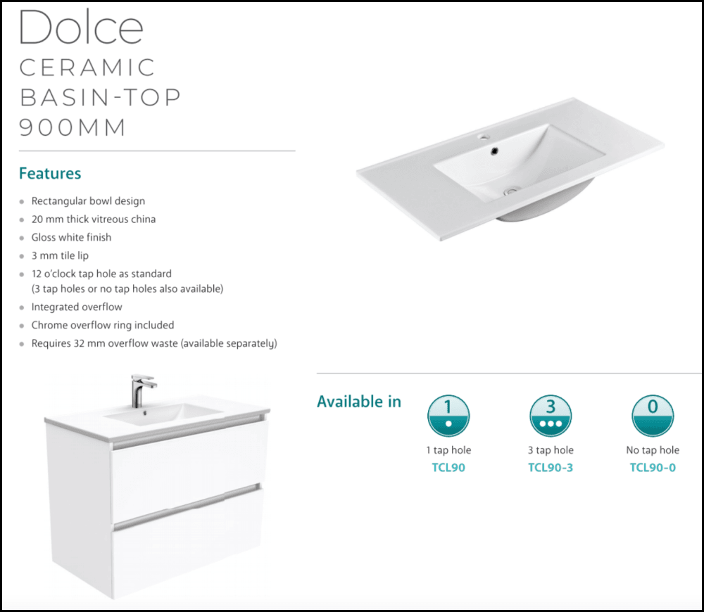 Fienza Dolce Hampton Tcl90T 900Mm White Wall Hung Vanity Unit - Special Order Units
