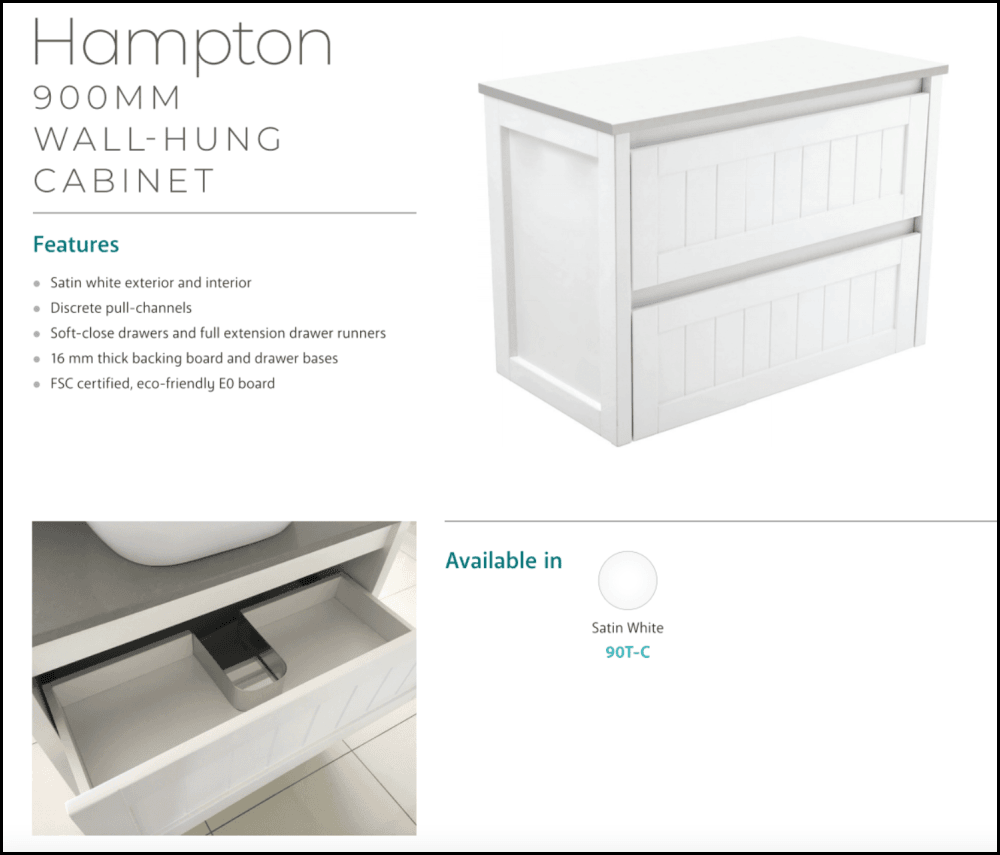 Fienza Dolce Hampton Tcl90T 900Mm White Wall Hung Vanity Unit - Special Order Units