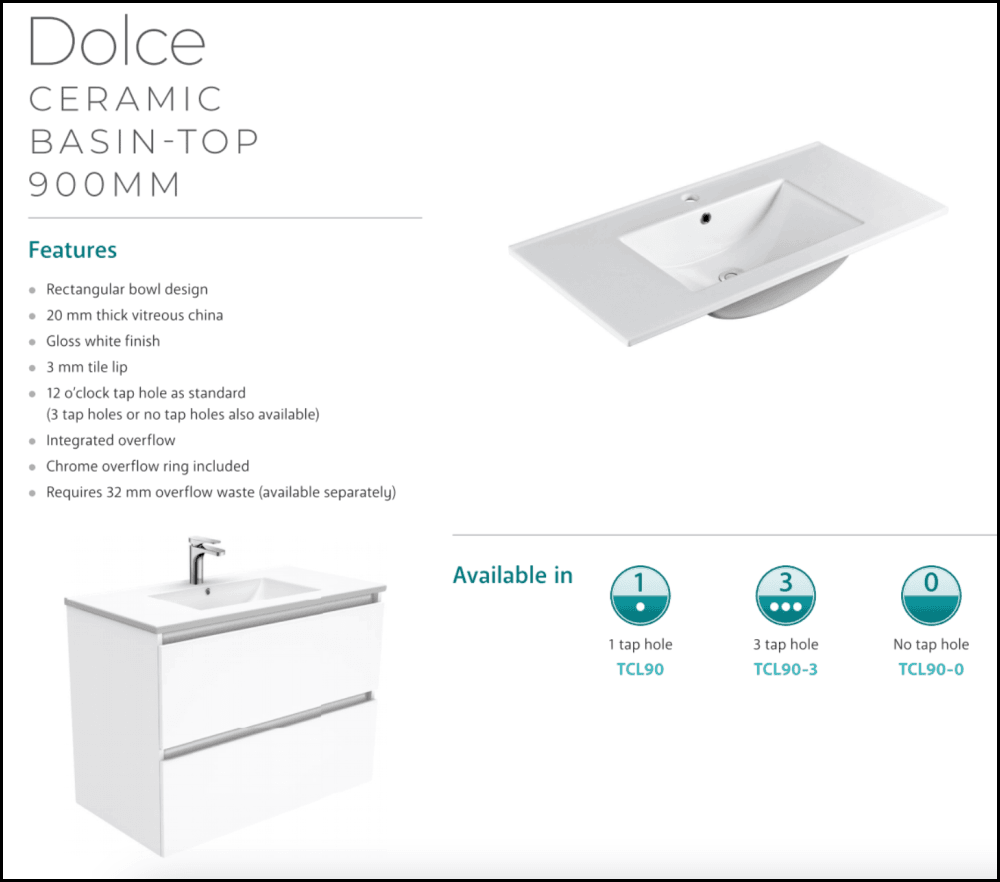 Fienza Dolce Quest 900Mm Tcl90Qk White Vanity Unit On Kickboard - Special Order Units