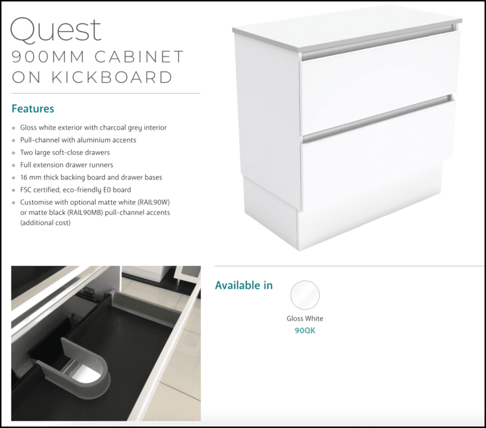 Fienza Dolce Quest 900Mm Tcl90Qk White Vanity Unit On Kickboard - Special Order Units