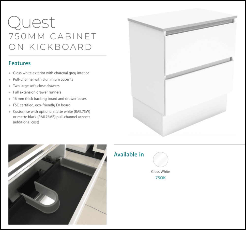 Fienza Dolce Quest Tcl75Qk 750Mm White Vanity Unit On Kickboard - Special Order Units