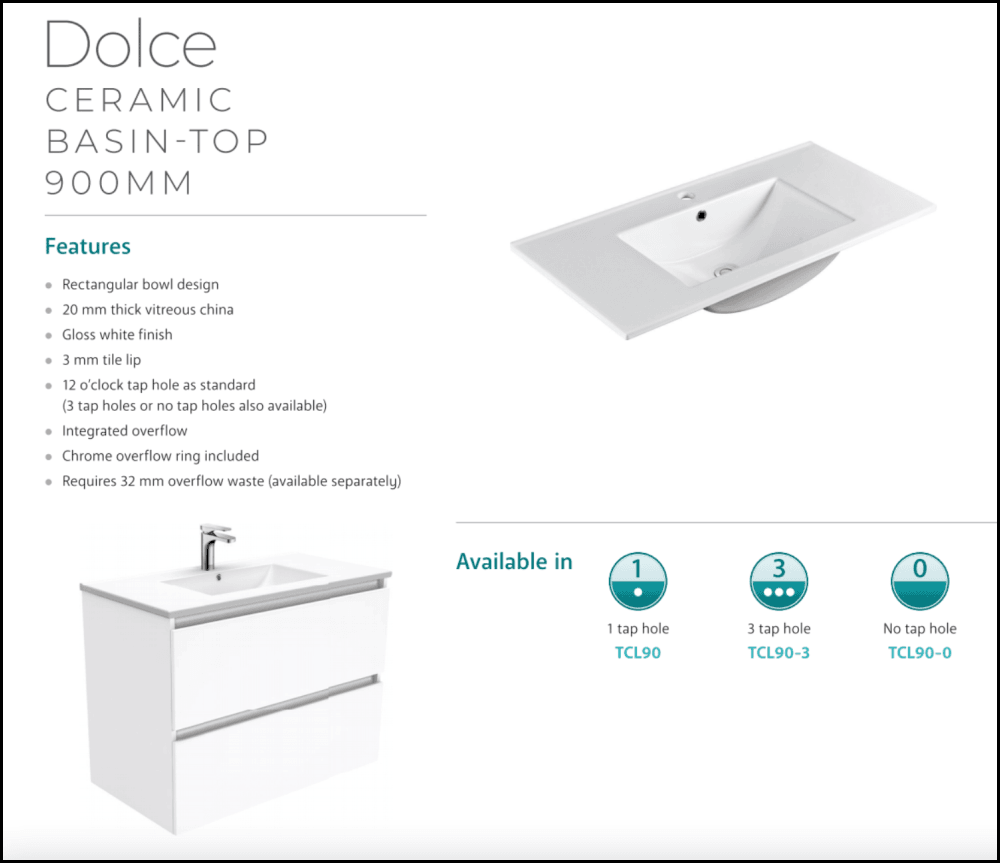 Fienza Dolce Quest Tcl90Q 900Mm White Wall Hung Vanity Unit - Special Order Units