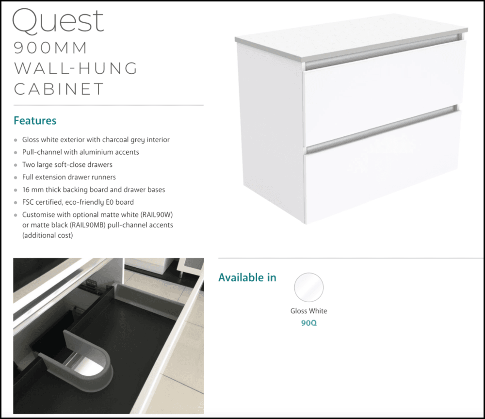 Fienza Dolce Quest Tcl90Q 900Mm White Wall Hung Vanity Unit - Special Order Units