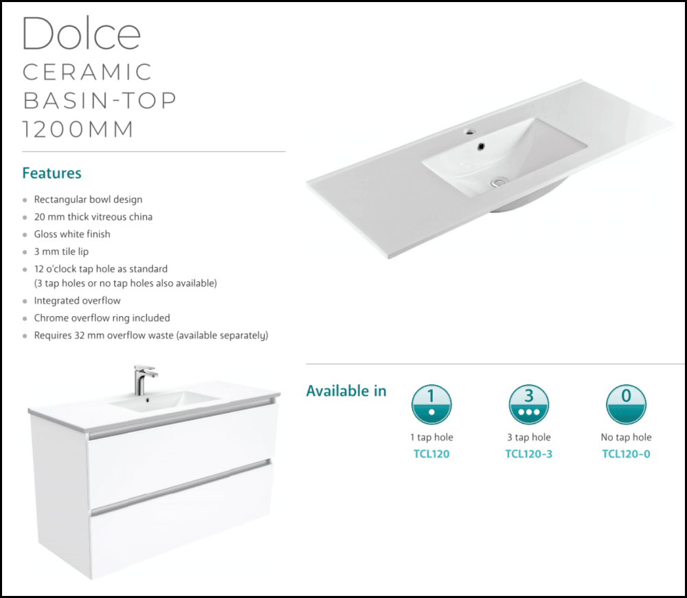 Fienza Dolce Tcl120C 1200Mm Fingerpull Vanity On Kickboard White - Special Order Units