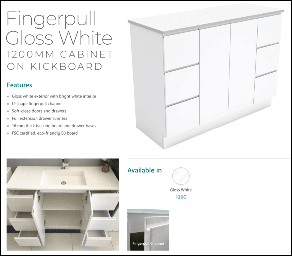 Fienza Dolce Tcl120C 1200Mm Fingerpull Vanity On Kickboard White - Special Order Units