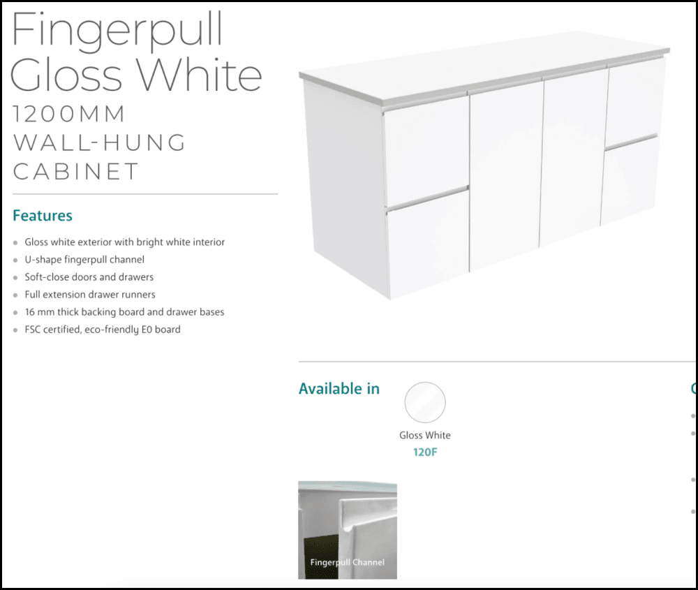 Fienza Dolce Tcl120F 1200Mm Fingerpull Wall Hung Vanity White - Special Order Units