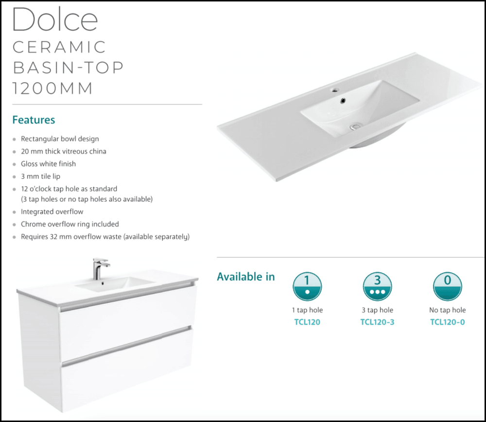 Fienza Dolce Tcl120F 1200Mm Fingerpull Wall Hung Vanity White - Special Order Units